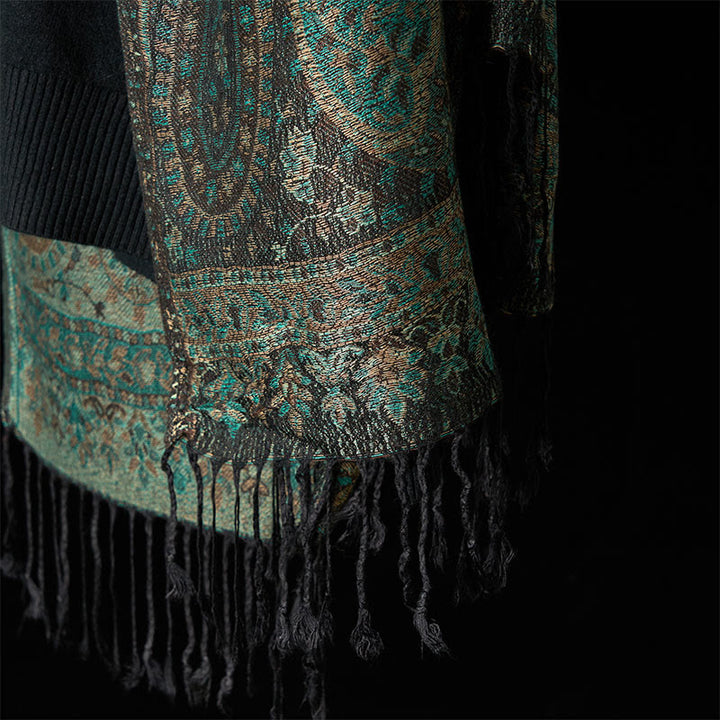 Sciarpa scialle con nappa e motivo geometrico a righe, motivo Buddha Stones, primavera verde anacardio - image 5