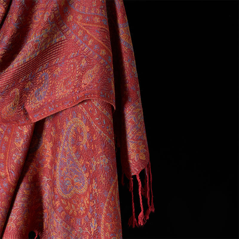 Sciarpa scialle con nappa e motivo geometrico a righe, motivo a fiori di anacardi, Buddha Stones, primavera, rosso e rosa - image 4