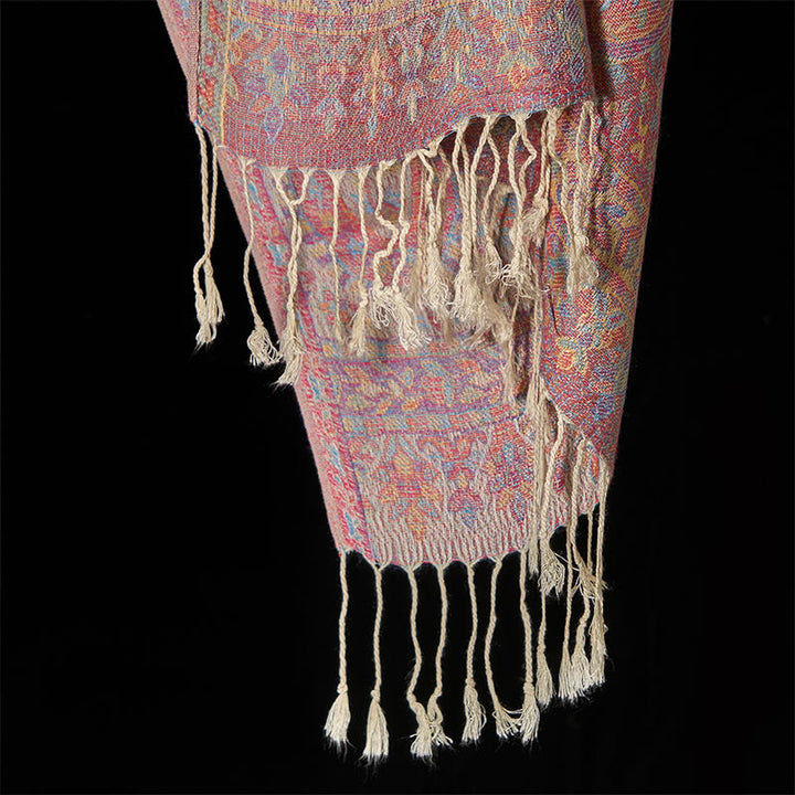 Sciarpa scialle con nappa e motivo geometrico a righe, motivo a fiori di anacardi, Buddha Stones, primavera, rosso e rosa - image 10