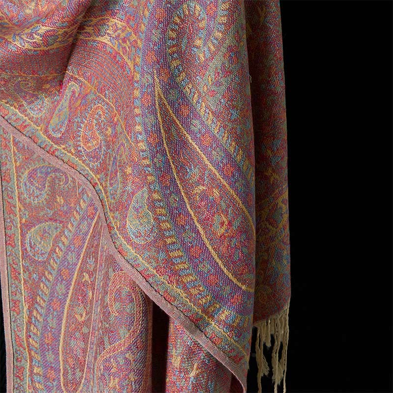 Sciarpa scialle con nappa e motivo geometrico a righe, motivo a fiori di anacardi, Buddha Stones, primavera, rosso e rosa - image 9