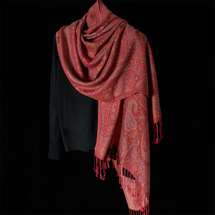 Sciarpa scialle con nappa e motivo geometrico a righe, motivo a fiori di anacardi, Buddha Stones, primavera, rosso e rosa - image 2