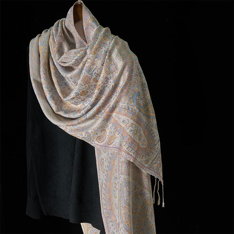 Sciarpa scialle con nappa e motivo geometrico a righe, motivo Buddha Stones Spring, rosa chiaro, beige, anacardio - Beige - 170*70cm - image 6