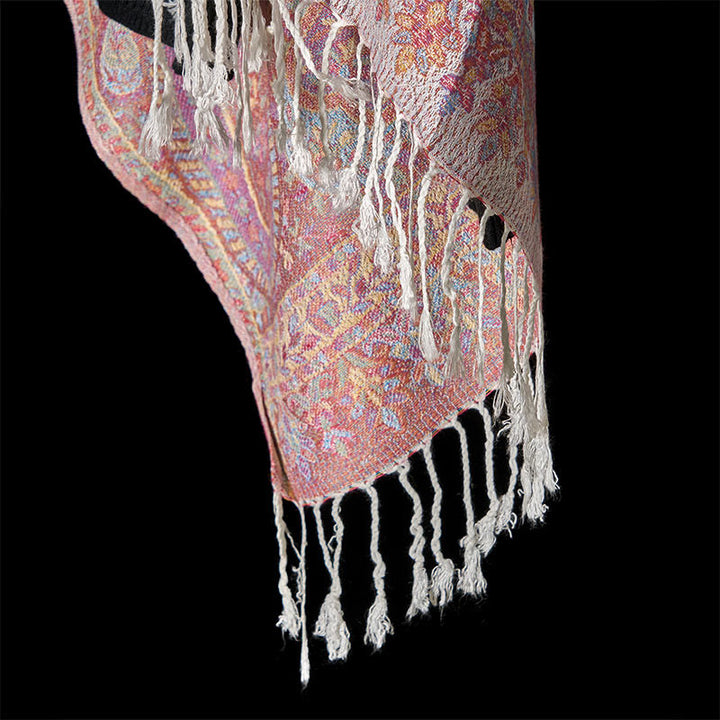 Sciarpa scialle con nappa e motivo geometrico a righe, motivo Buddha Stones Spring, rosa chiaro, beige, anacardio - image 5