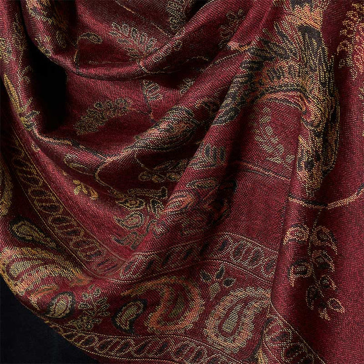 Sciarpa morbida con nappa e scialle, motivo floreale con fiori di anacardi e foglie, motivo Buddha Stones Spring Maroon - image 3