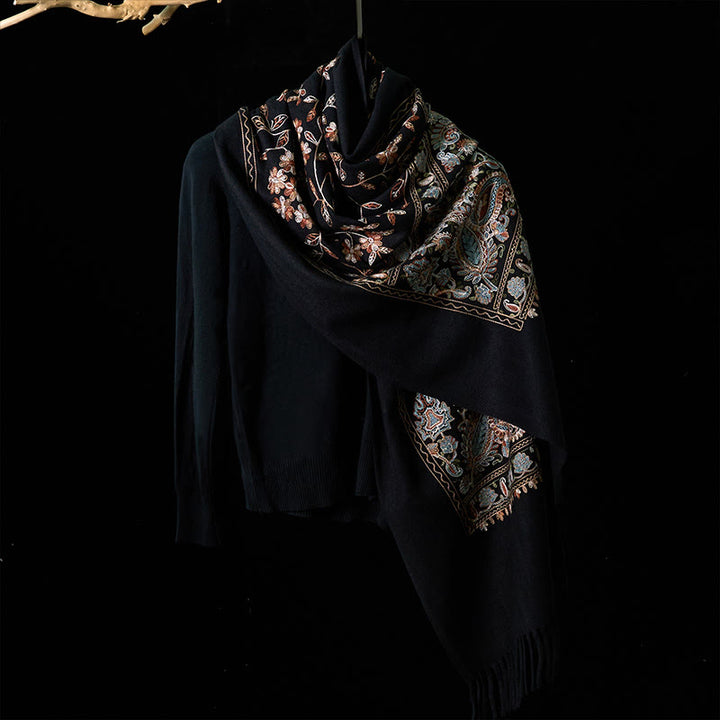 Sciarpa scialle con nappa e motivo a fiori di anacardi, motivo a piccoli fiori, motivo a pietre Buddha Stones , marrone-beige invernale - image 7