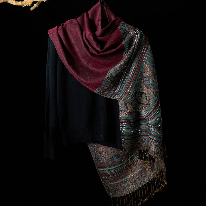 Sciarpa morbida con nappa, scialle, motivo geometrico a righe, motivo floreale anacardio Buddha Stones - image 7