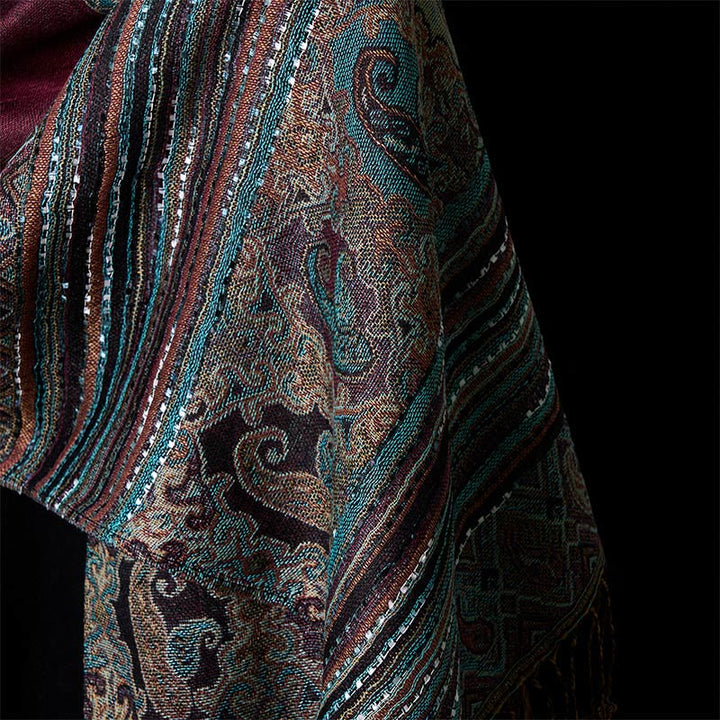 Sciarpa morbida con nappa, scialle, motivo geometrico a righe, motivo floreale anacardio Buddha Stones - image 10