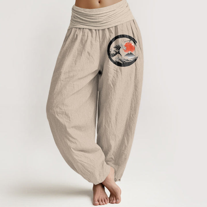 Pantaloni harem in puro cotone con elastico in vita, motivo Buddha Stones Wave Sun Mountains da donna - Abbronzatura - US22, UK/AU26, EU54 (6XL) - image 11