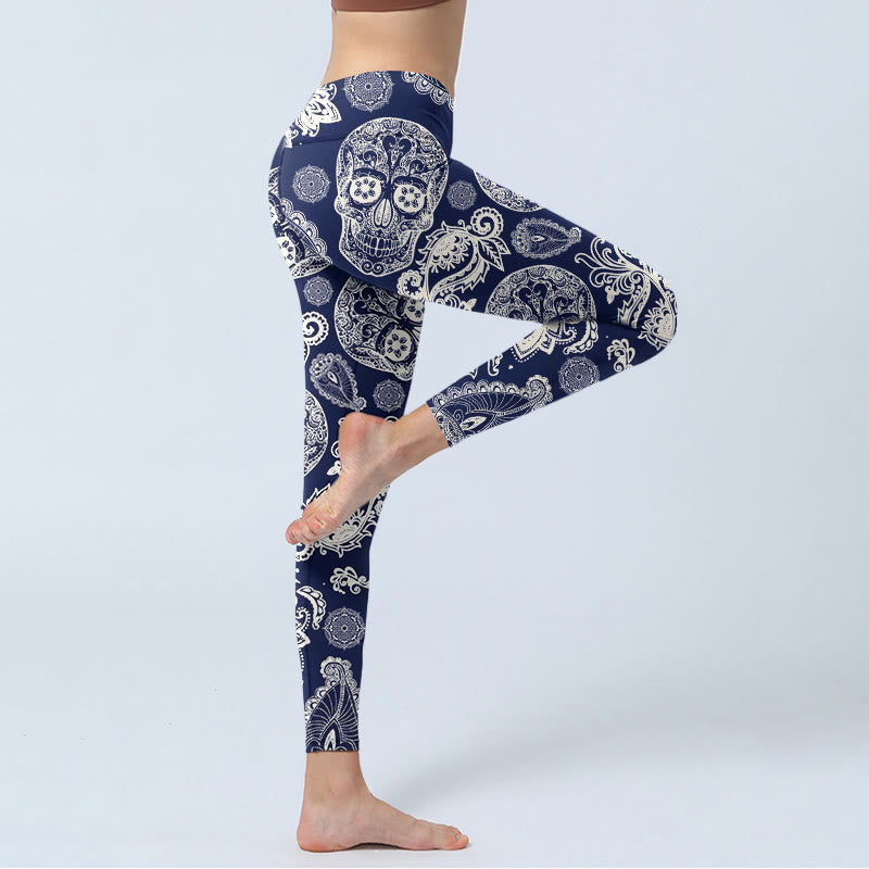 Leggings da palestra con motivo a teschio e pianta Paisley Buddha Stones, pantaloni da yoga da donna - image 3