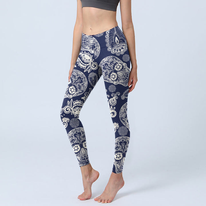 Leggings da palestra con motivo a teschio e pianta Paisley Buddha Stones, pantaloni da yoga da donna - Marina - US18, UK/AU22, EU50 (4XL) - image 0