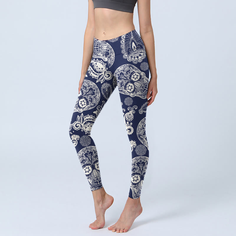 Leggings da palestra con motivo a teschio e pianta Paisley Buddha Stones, pantaloni da yoga da donna - Marina - US18, UK/AU22, EU50 (4XL) - image 0