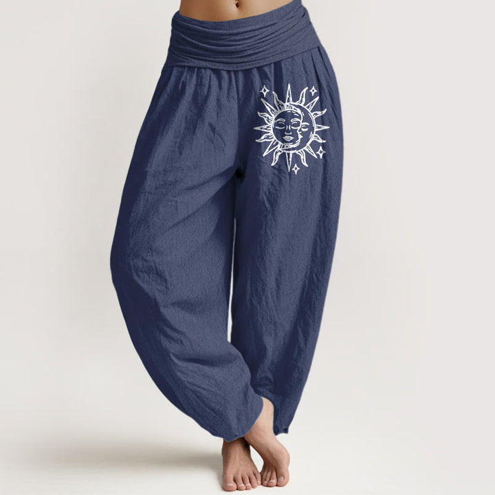 Pantaloni harem in puro cotone con elastico in vita e motivo sole e luna di Buddha Stones da donna - DarkSlateBlue - US22, UK/AU26, EU54 (6XL) - image 5