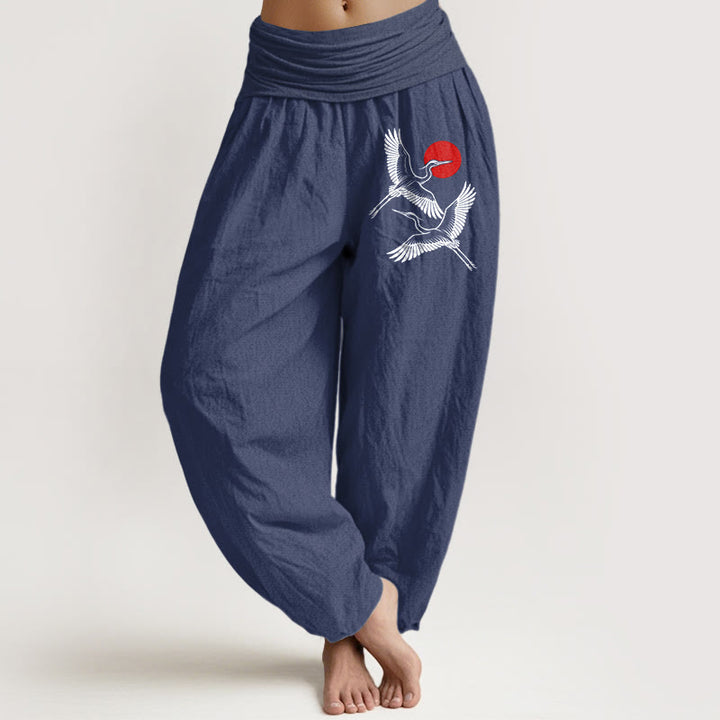 Pantaloni harem in puro cotone con elastico in vita e motivo a gru rosse e pietre Buddha Stones - DarkSlateBlue - US22, UK/AU26, EU54 (6XL) - image 5