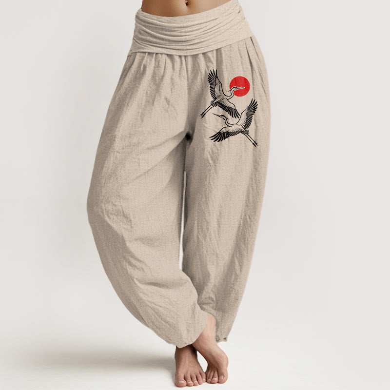 Pantaloni harem in puro cotone con elastico in vita e motivo a gru rosse e pietre Buddha Stones - Abbronzatura - US22, UK/AU26, EU54 (6XL) - image 11