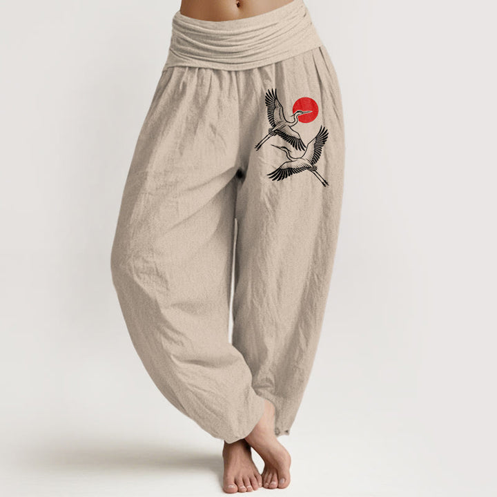 Pantaloni harem in puro cotone con elastico in vita e motivo a gru rosse e pietre Buddha Stones - Abbronzatura - US22, UK/AU26, EU54 (6XL) - image 11