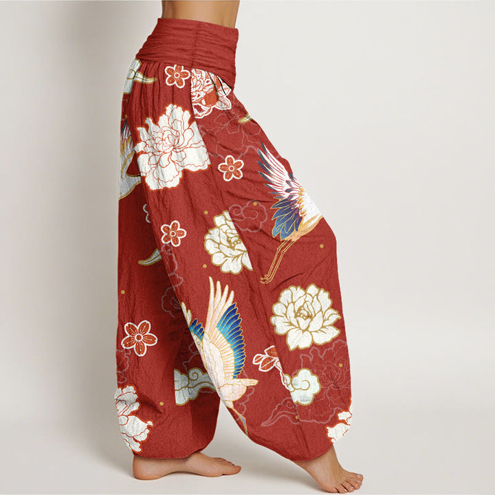 Pantaloni harem in puro cotone con elastico in vita, motivo gru, peonie e stampa di pietre Buddha Stones da donna - image 6