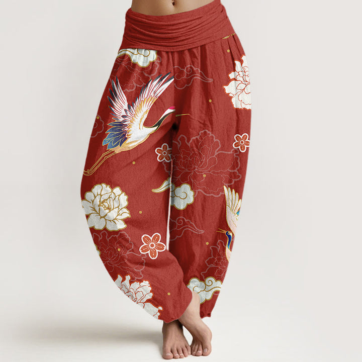 Pantaloni harem in puro cotone con elastico in vita, motivo gru, peonie e stampa di pietre Buddha Stones da donna - Mattoni refrattari - US22, UK/AU26, EU54 (6XL) - image 5