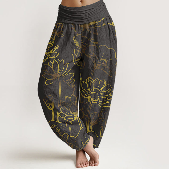 Pantaloni harem in cotone con elastico in vita e motivo a foglie e fiori di loto con stampa di Buddha Stones da donna - Grigio ardesia - US22, UK/AU26, EU54 (6XL) - image 8