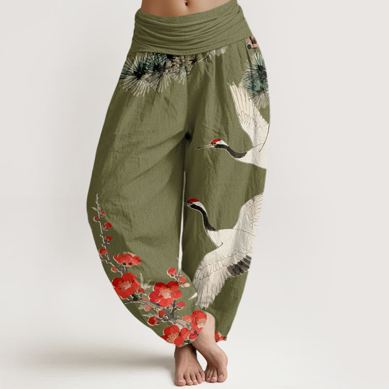 Pantaloni harem in cotone con elastico in vita, motivo con gru, Buddha Stones fiori di prugno - Verde oliva - US22, UK/AU26, EU54 (6XL) - image 5