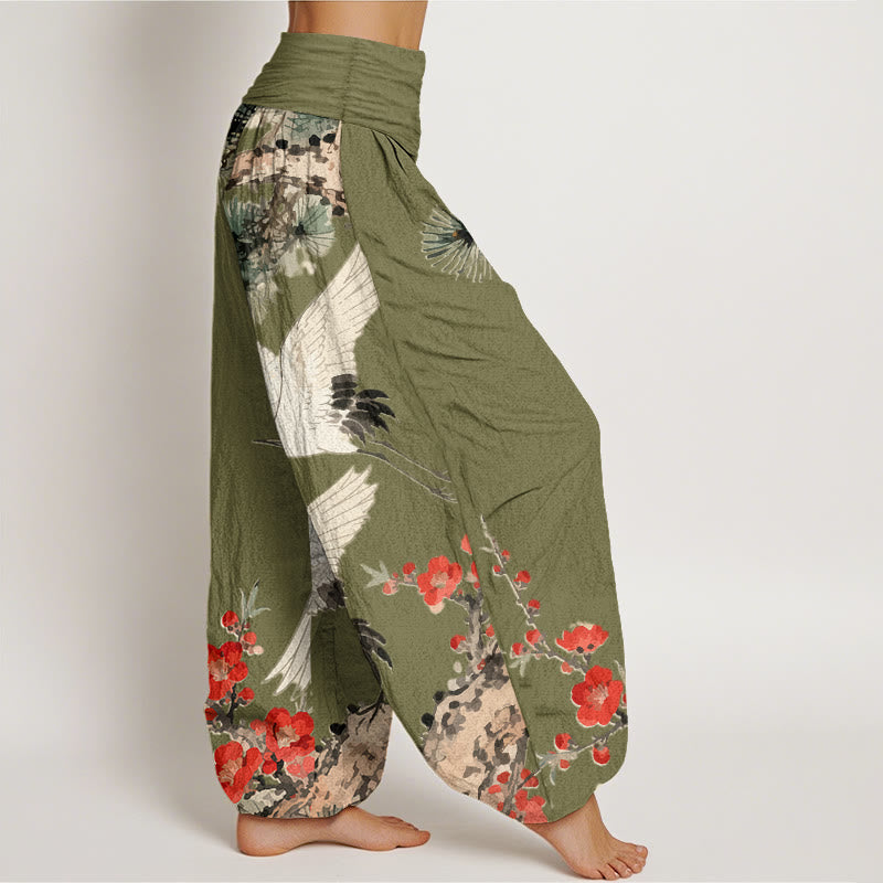 Pantaloni harem in cotone con elastico in vita, motivo con gru, Buddha Stones fiori di prugno - image 6