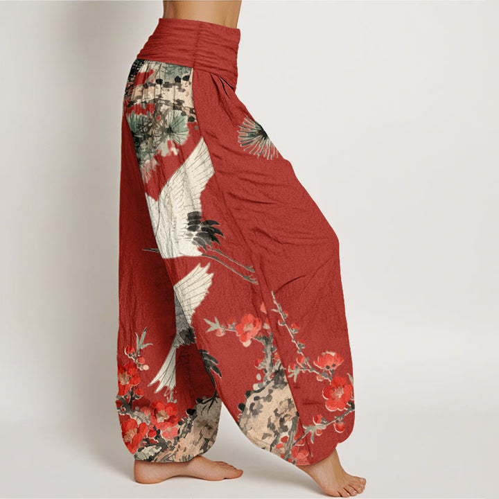 Pantaloni harem in cotone con elastico in vita, motivo con gru, Buddha Stones fiori di prugno - image 9