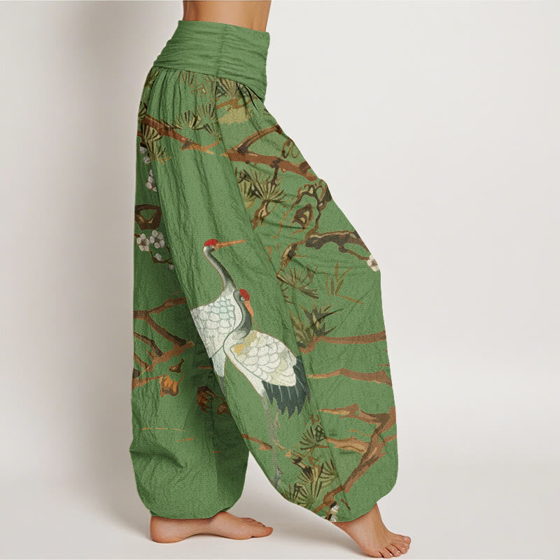 Pantaloni harem in cotone con elastico in vita, da donna, con stampa di Buddha Stones, fiori di prugno, gru e pini - image 1