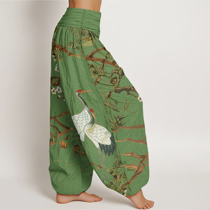 Pantaloni harem in cotone con elastico in vita, da donna, con stampa di Buddha Stones, fiori di prugno, gru e pini - image 1