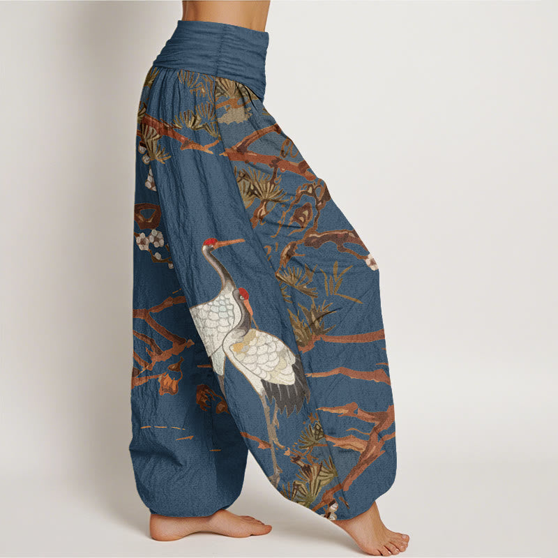 Pantaloni harem in cotone con elastico in vita, da donna, con stampa di Buddha Stones, fiori di prugno, gru e pini - image 6