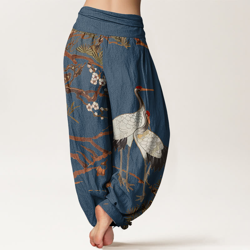 Pantaloni harem in cotone con elastico in vita, da donna, con stampa di Buddha Stones, fiori di prugno, gru e pini - image 7