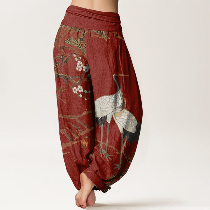 Pantaloni harem in cotone con elastico in vita, da donna, con stampa di Buddha Stones, fiori di prugno, gru e pini - image 10