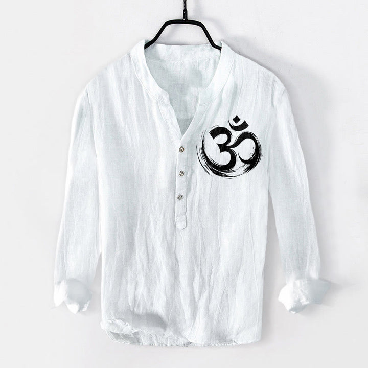 Camicia da uomo in cotone e lino a maniche lunghe con motivo a Buddha Stones e simbolo Om, bottoni a metà - Bianco - US/UK/AU50, EU60 (5XL) - image 6
