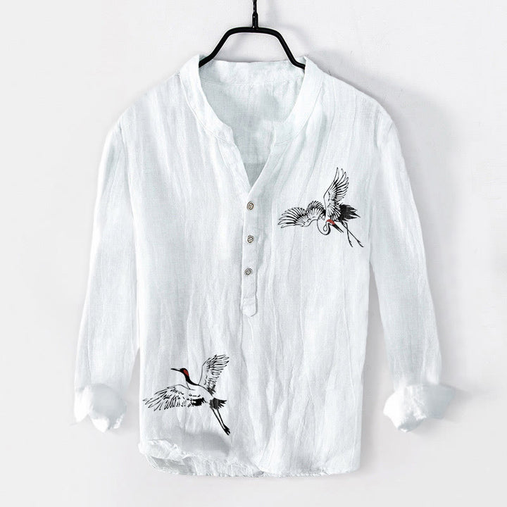 Camicia da uomo in cotone e lino a maniche lunghe con motivo a gru coronata rossa Buddha Stones, bottoni a metà - Bianco - US/UK/AU50, EU60 (5XL) - image 0