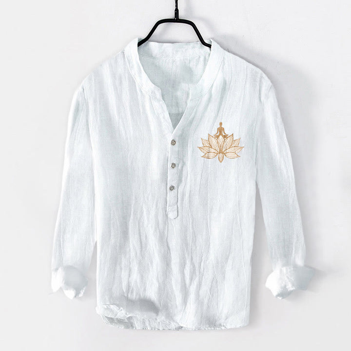 Camicia da uomo in cotone e lino a maniche lunghe con motivo a loto e motivo a Buddha Stones - image 7