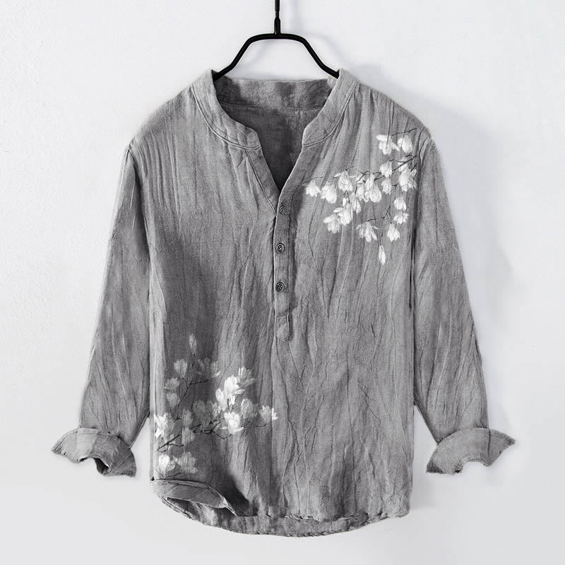 Camicia da uomo in cotone e lino a maniche lunghe con motivo Buddha Stones, Magnolia, Rami e bottoni - Grigio - US/UK/AU50, EU60 (5XL) - image 0