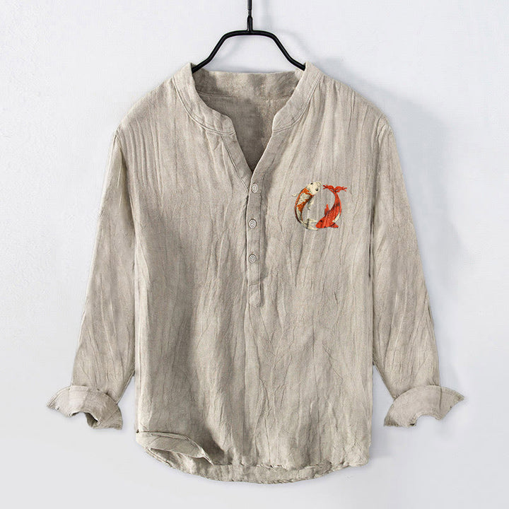 Camicia da uomo in cotone e lino a maniche lunghe con bottoni mezzi, motivo Buddha Stones, rosso, bianco, Koi Fish, Yin Yang - image 1