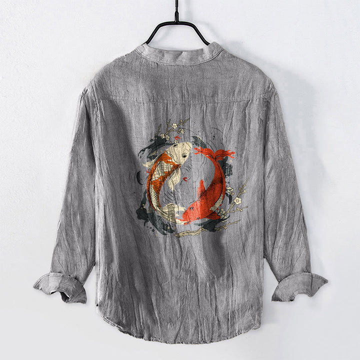 Camicia da uomo in cotone e lino a maniche lunghe con bottoni mezzi, motivo Buddha Stones, rosso, bianco, Koi Fish, Yin Yang - image 5