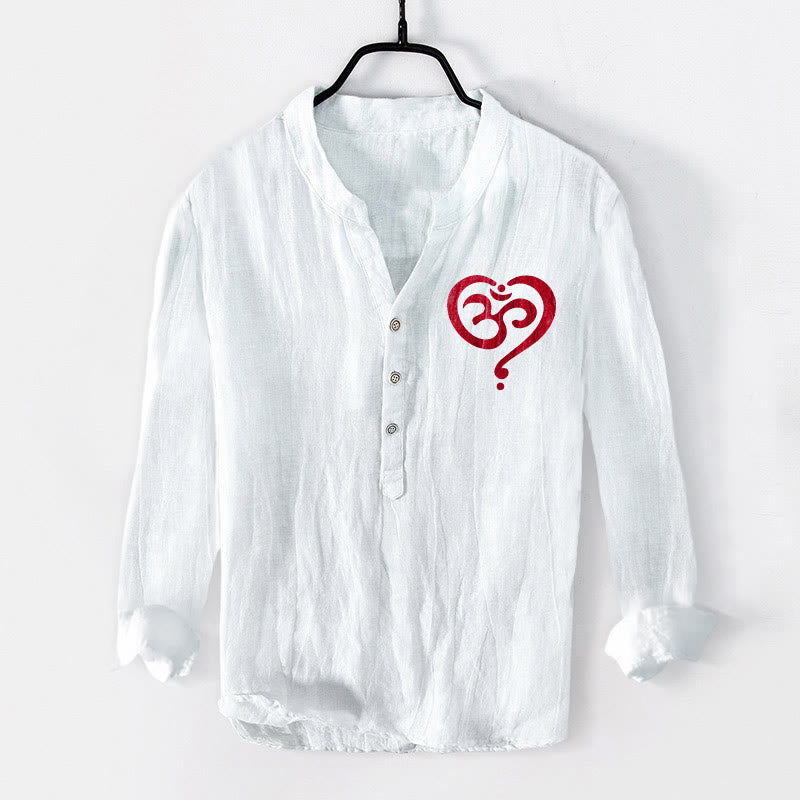 Camicia da uomo in cotone e lino a maniche lunghe con motivo a cuore con Buddha Stones e simbolo OM, bottoni a metà - Bianco - US/UK/AU50, EU60 (5XL) - image 6