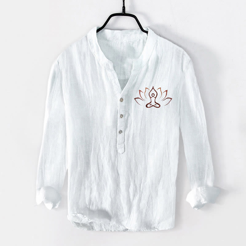 Camicia da uomo in cotone e lino a maniche lunghe con motivo Buddha Stones Lotus Meditating Figure, bottoni a metà - Bianco - US/UK/AU50, EU60 (5XL) - image 6