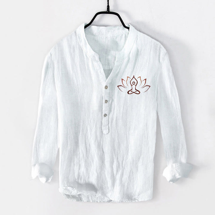 Camicia da uomo in cotone e lino a maniche lunghe con motivo Buddha Stones Lotus Meditating Figure, bottoni a metà - Bianco - US/UK/AU50, EU60 (5XL) - image 6