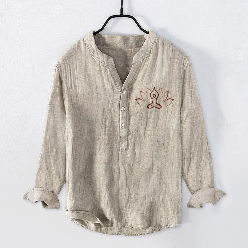 Camicia da uomo in cotone e lino a maniche lunghe con motivo Buddha Stones Lotus Meditating Figure, bottoni a metà - Biancheria - US/UK/AU50, EU60 (5XL) - image 0