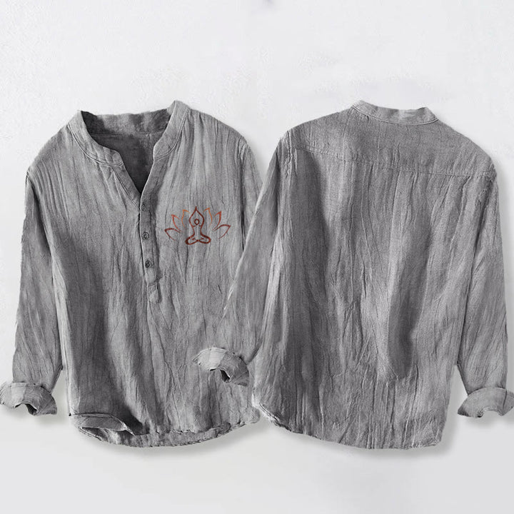 Camicia da uomo in cotone e lino a maniche lunghe con motivo Buddha Stones Lotus Meditating Figure, bottoni a metà - image 5