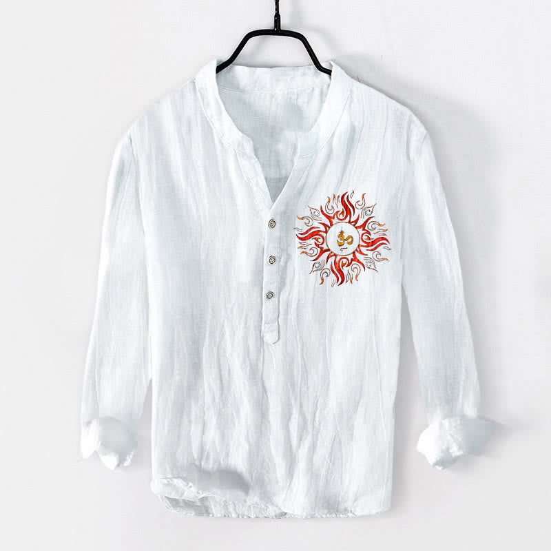 Buddha Stones da uomo in cotone e lino a maniche lunghe con motivo a simboli OM a forma di sole con bottoni a metà - Bianco - US/UK/AU50, EU60 (5XL) - image 6