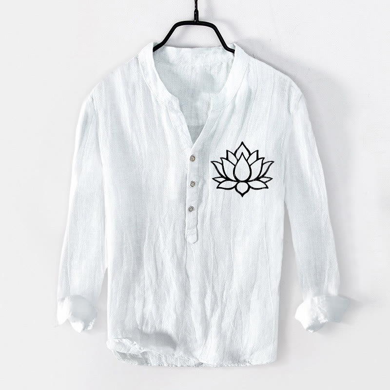 Camicia da uomo in cotone e lino a maniche lunghe con bottoni mezzi e motivo a fiori di loto Buddha Stones - Bianco - US/UK/AU50, EU60 (5XL) - image 6
