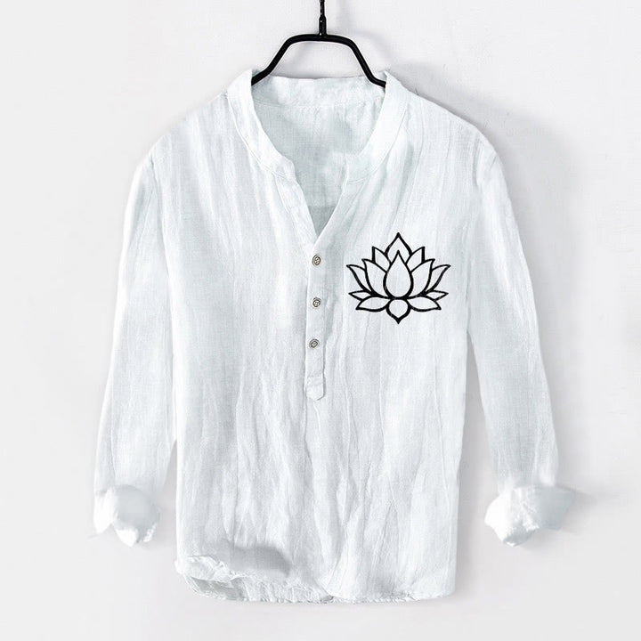 Camicia da uomo in cotone e lino a maniche lunghe con bottoni mezzi e motivo a fiori di loto Buddha Stones - Bianco - US/UK/AU50, EU60 (5XL) - image 6