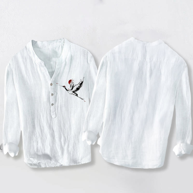 Camicia da uomo in cotone e lino a maniche lunghe con motivo a gru volante, sole Buddha Stones - image 8