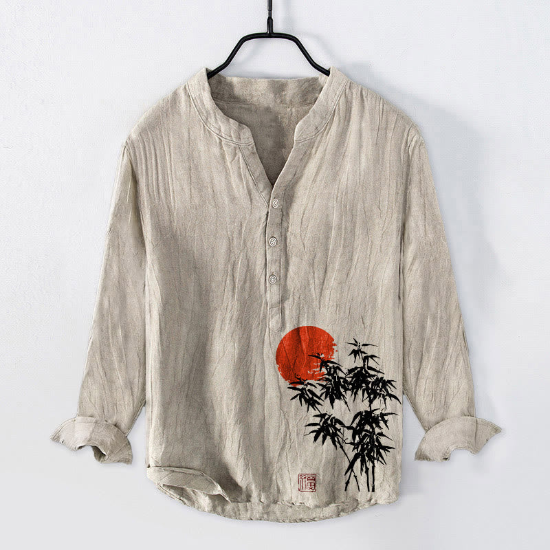Camicia da uomo in cotone e lino a maniche lunghe con bottoni mezzi, motivo sole rosso, Buddha Stones - Biancheria - US/UK/AU50, EU60 (5XL) - image 0