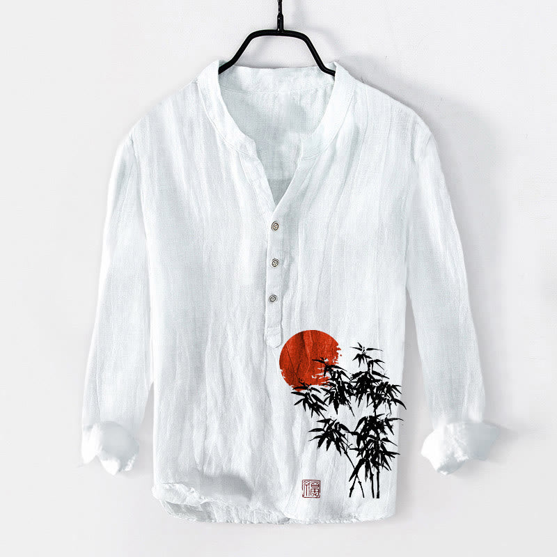 Camicia da uomo in cotone e lino a maniche lunghe con bottoni mezzi, motivo sole rosso, Buddha Stones - Bianco - US/UK/AU50, EU60 (5XL) - image 6
