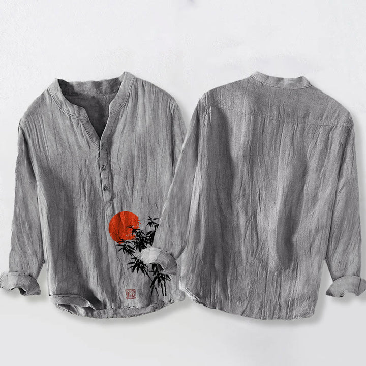 Camicia da uomo in cotone e lino a maniche lunghe con bottoni mezzi, motivo sole rosso, Buddha Stones - image 5