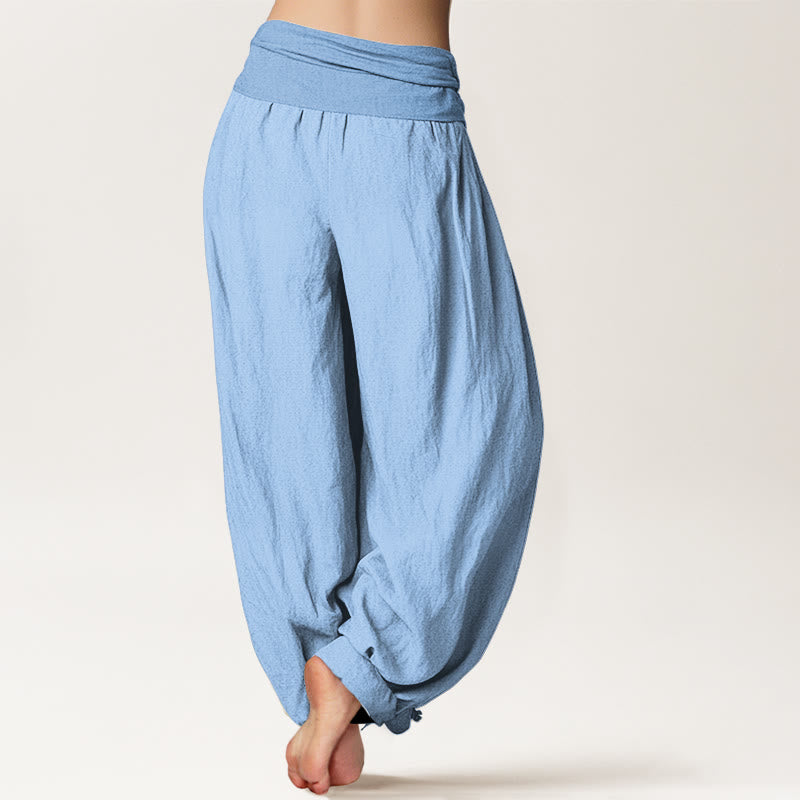 Pantaloni harem da donna con elastico in vita, in puro cotone azzurro cielo, Buddha Stones - image 1