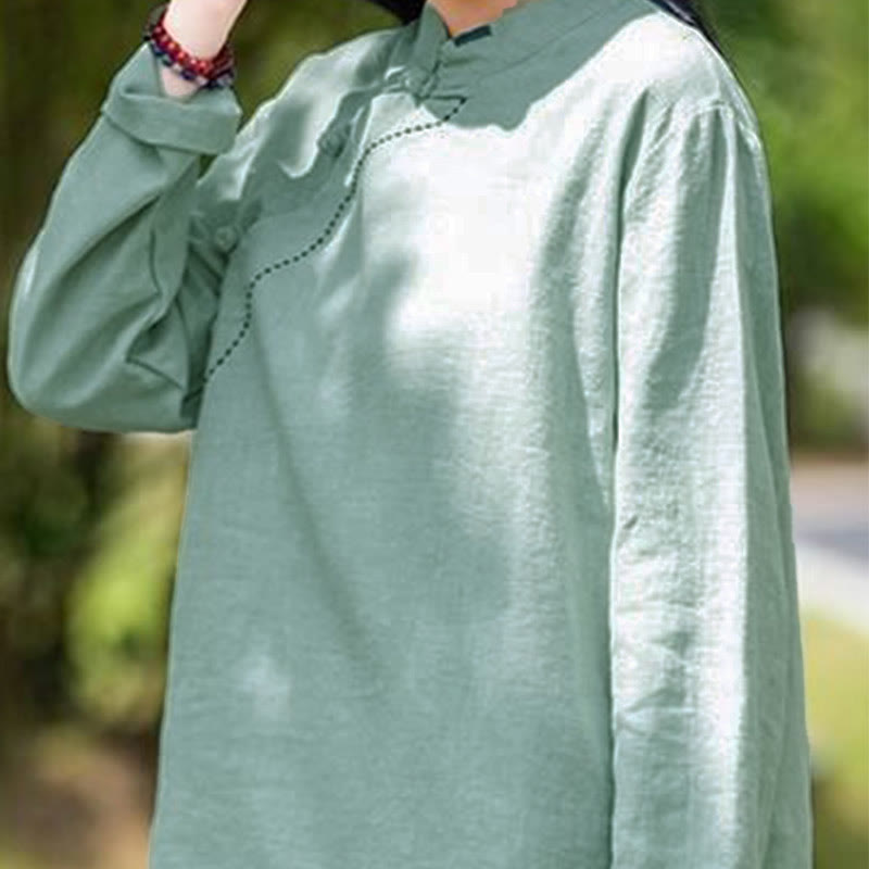 Bottone con nodo del colletto obliquo con Buddha Stones, abbigliamento in lino largo - image 1